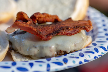 For dinner a bacon and Swiss cheeseburger on a white a blue paper plate at the campground.