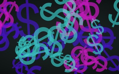 Multicolored translucent dollar signs on dark background. Green tones. 3D illustration