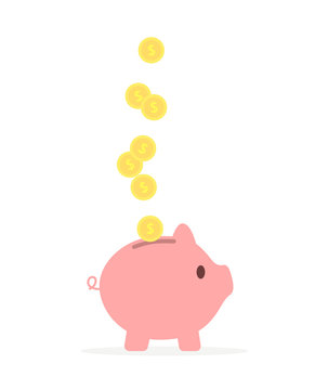 Pink pig or piggy bank with coins. SavIng money or open a bank deposit concept. Vector illustration.