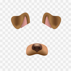 Dog face mask for video chat isolated on checkered background. Animal character ears and nose. 3d filter effect for selfie photo decoration. Brown dog elements.