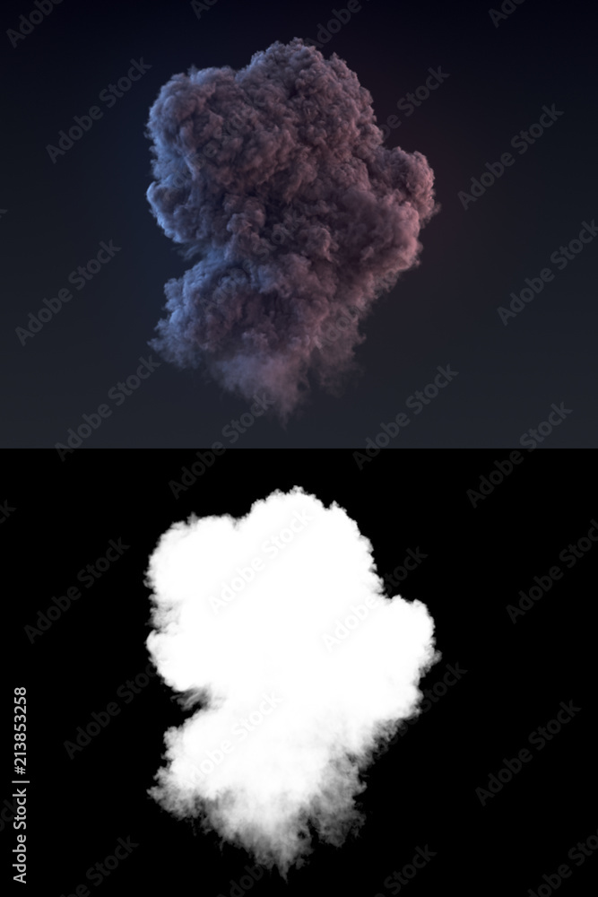 Poster Dangerous cloud of dark smoke after an explosion with alpha channel. 3d rendering