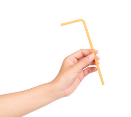 hand holding drinking straw isolated on white background.