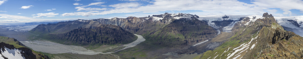 wide landscape panorama, panoramic view from peak Kristinartindar, Skaftafell Park on valley...