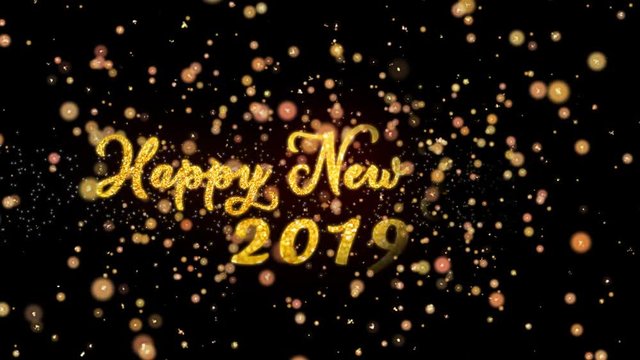 Happy New Year 2019 Abstract particles and fireworks greeting card text with shiny black background for festivals,events,holidays,party,celebration.
