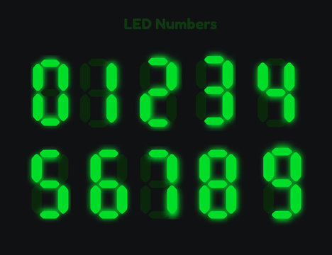 Digital clock numbers. Bright green led display signs.