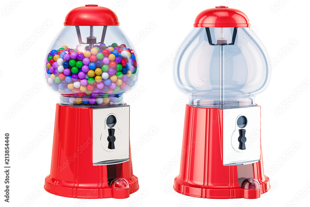 Poster full gumball machine and empty gum dispenser. 3d rendering