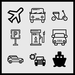 Simple 9 icon set of car related plane, long car, car with cogwheels and motorcycle vector icons. Collection Illustration