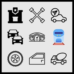 Simple 9 icon set of car related train, lug, two cars in line and police station vector icons. Collection Illustration