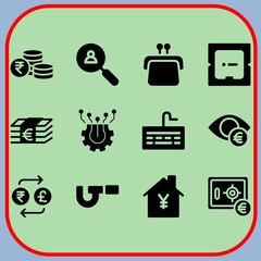 Simple 12 icon set of business related money, exchange, micrometer and search vector icons. Collection Illustration