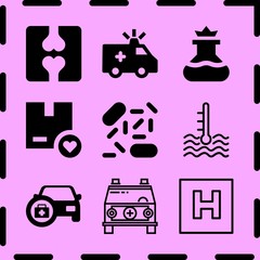 Simple 9 icon set of medicine related box, ambulance, temperature and car with medicine vector icons. Collection Illustration