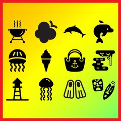 Dolphin, lifeguard and diving fins related icons set