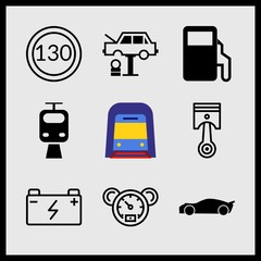 Simple 9 icon set of car related fuel dispenser, car tire change, underground and battery vector icons. Collection Illustration