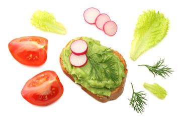 sandwich with avocado cream isolated on white background. Healthy food