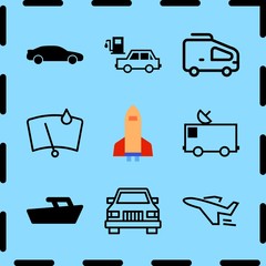 Simple 9 icon set of travel related spaceship, airplane outline pointing left, car and windshield vector icons. Collection Illustration