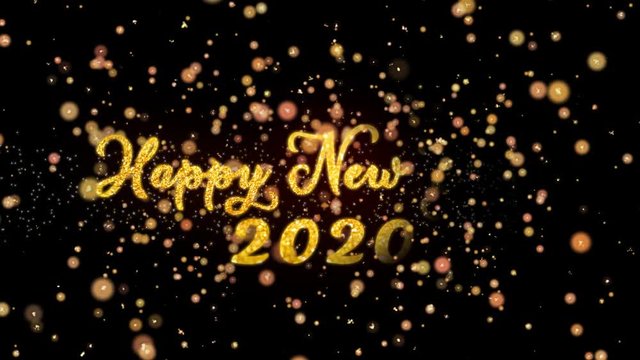 Happy New Year 2020 Abstract particles and fireworks greeting card text with shiny black background for festivals,events,holidays,party,celebration.