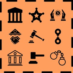 Simple 9 icon set of legal related loan, mallet, sheriff and handcuffs vector icons. Collection Illustration