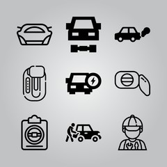 Simple 9 icon set of electronics related car repair, car repair, driving test and mechanic vector icons. Collection Illustration