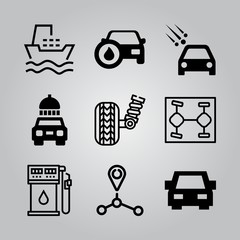 Simple 9 icon set of transport related route, car, fuel and suspension vector icons. Collection Illustration
