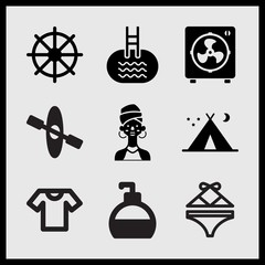 Simple 9 set of Summer related canoe with rowing, woman, short sleeves t shirt and beach bikini vector icons