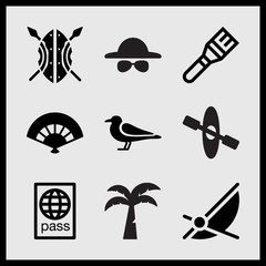 Simple 9 set of Summer related canoe with rowing, hat and sunglasses, brush and passport with globe vector icons