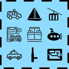 Simple 9 icon set of travel related sailboat sailing, cable car, gps on screen and baton vector icons. Collection Illustration