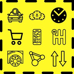 Simple 9 icon set of business related gear, clock, car search and dashboard vector icons. Collection Illustration
