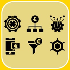 Simple 6 icon set of business related pound sterling, benzene, funnel and target vector icons. Collection Illustration