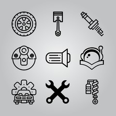 Simple 9 icon set of electronics related transmission, astronaut helmet, car parts and shock absorber vector icons. Collection Illustration