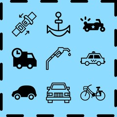 Naklejka premium Simple 9 icon set of travel related bike with front basket, motorbike, anchor and car vector icons. Collection Illustration