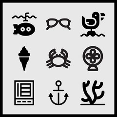 Simple 9 set of Summer related refrigerator, submarine, coral and anchor vector icons