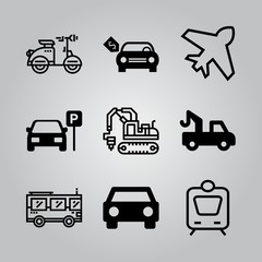 Simple 9 icon set of transport related motorcycle, brand new car with dollar price tag, car frontal view and train vector icons. Collection Illustration