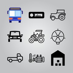 Simple 9 icon set of transport related tractor, car radio, all terrain vehicle and engine vector icons. Collection Illustration