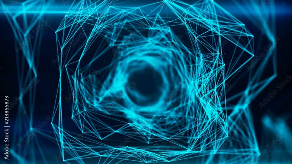 Poster seamless flying through digital data tunnel made of digital nodes and connection paths