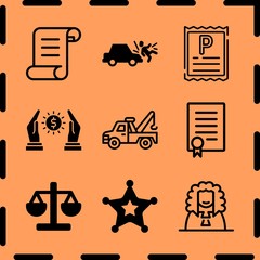 Simple 9 icon set of legal related parking ticket, sheriff, justice and car run over man vector icons. Collection Illustration