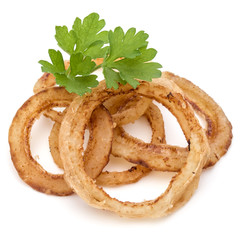 Delicious crispy fried onion rings isolated on white