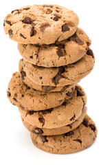 Stacked Chocolate chip cookies isolated on white background. Sweet biscuits. Homemade pastry.