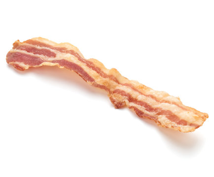 Cooked Crispy Slice Of Bacon Isolated On White Background