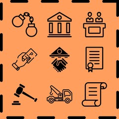 Simple 9 icon set of legal related auction, courthouse, tow truck and law vector icons. Collection Illustration