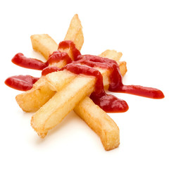 French Fried Potatoes with ketchup isolated on white background