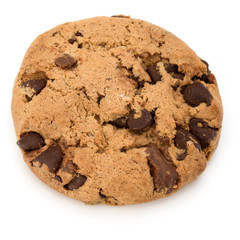 One Chocolate chip cookie isolated on white background. Sweet biscuit. Homemade pastry.