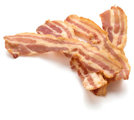 cooked crispy slices of bacon isolated on white background