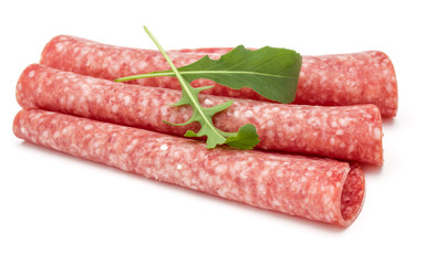 Salami smoked sausage slices isolated on white background