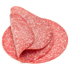 Salami smoked sausage slices isolated on white background