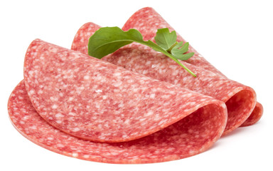 Salami smoked sausage slices isolated on white background