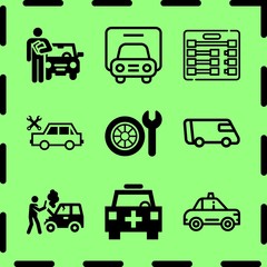 Simple 9 icon set of service related rent a car, truck, cab and van vector icons. Collection Illustration