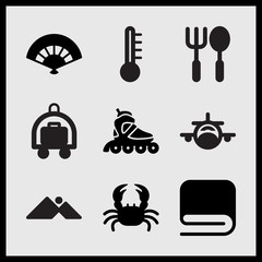 Simple 9 set of Summer related crab with two claws, towel, hotel cart and hand fan vector icons