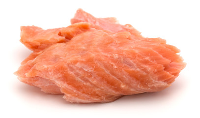 smoked salmon segments isolated on white background cutout. Prepared fish fillet fibres.