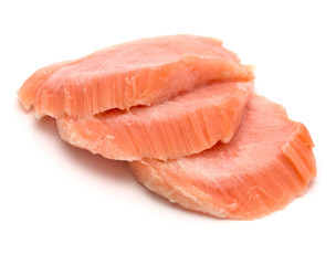 smoked salmon segments isolated on white background cutout. Prepared fish fillet fibres.