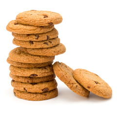 Stacked Chocolate chip cookies isolated on white background. Sweet biscuits. Homemade pastry.