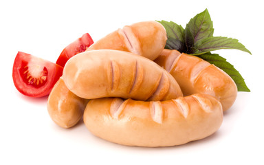 Roasted smoked sausages isolated on white background cutout